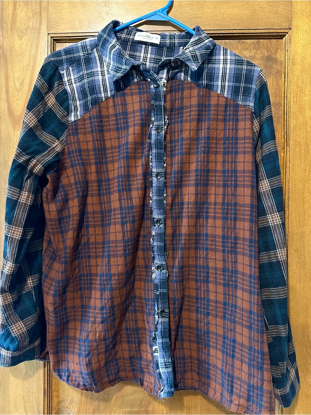 Natural Life Patchwork Mixed Plaid Flannel Button Down Shirt Boho Size M EUC